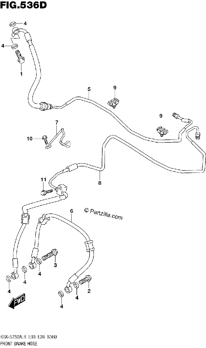 Diagrama de 536D FRONT BRAKE HOSE GSX S750YAL9 E28