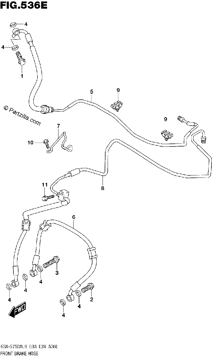 Diagrama de 536E FRONT BRAKE HOSE GSX S750YAL9 E33