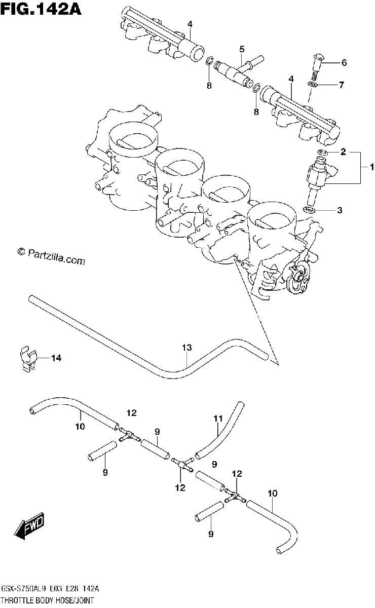 Diagrama de 142A THROTTLE BODY HOSE JOINT GSX S750ZL9 E03
