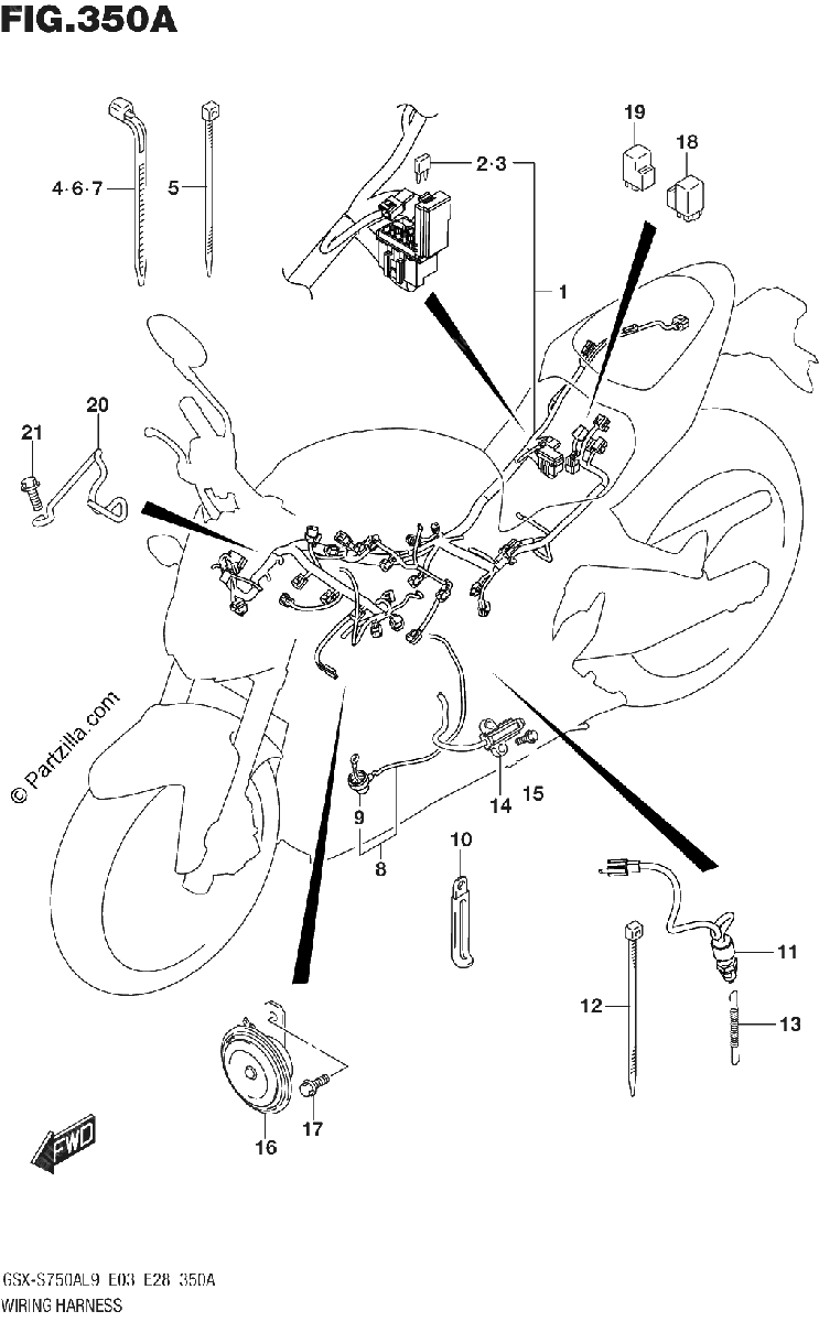 Diagrama de 350A WIRING HARNESS GSX S750ZL9 E03