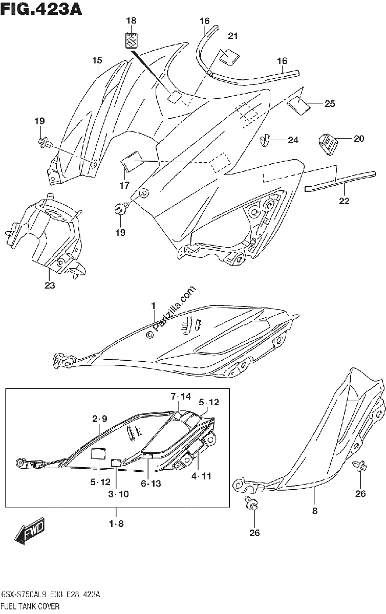 Diagrama de 423A FUEL TANK COVER GSX S750ZL9 E03