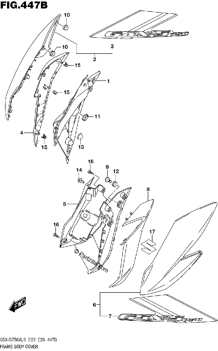 Diagrama de 447B FRAME BODY COVER GSX S750ZL9 E33