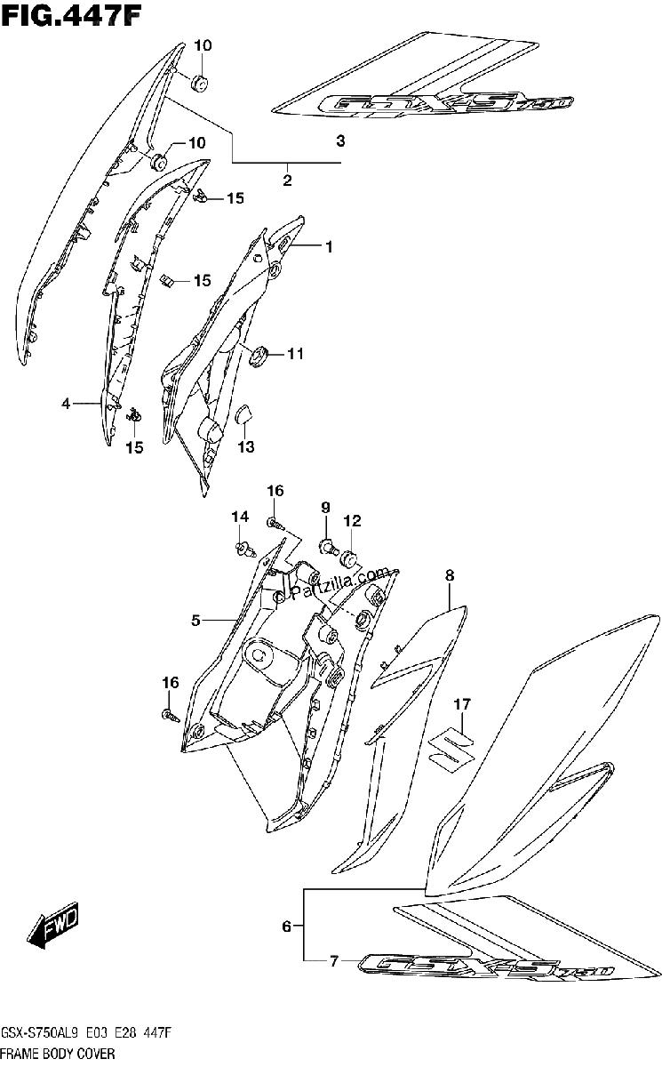 Diagrama de 447F FRAME BODY COVER GSX S750ZAL9 E28