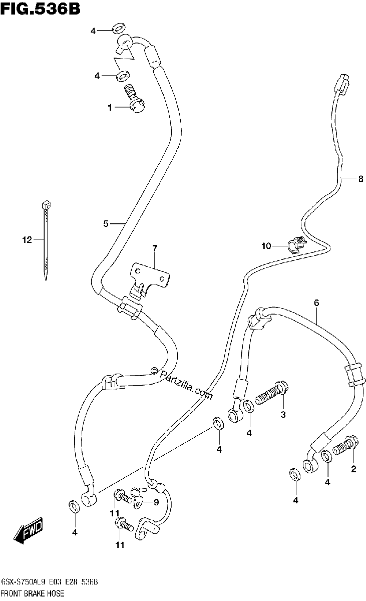 Diagrama de 536B FRONT BRAKE HOSE GSX S750ZL9 E33