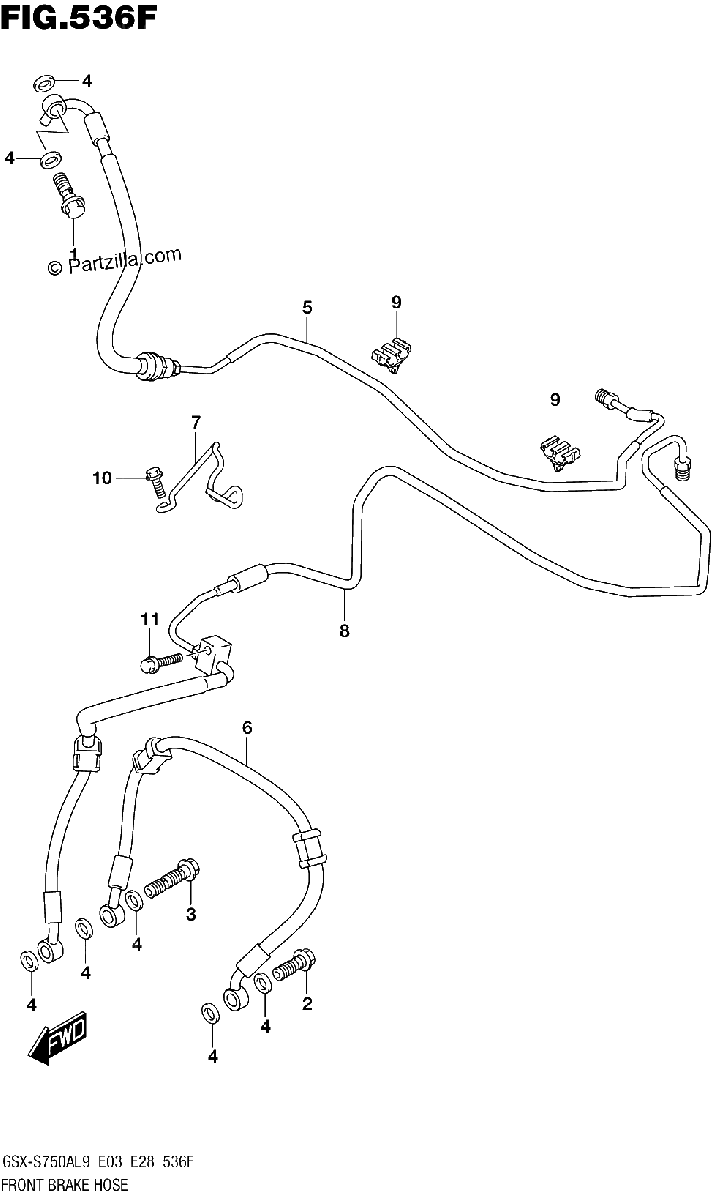 Diagrama de 536F FRONT BRAKE HOSE GSX S750ZAL9 E28