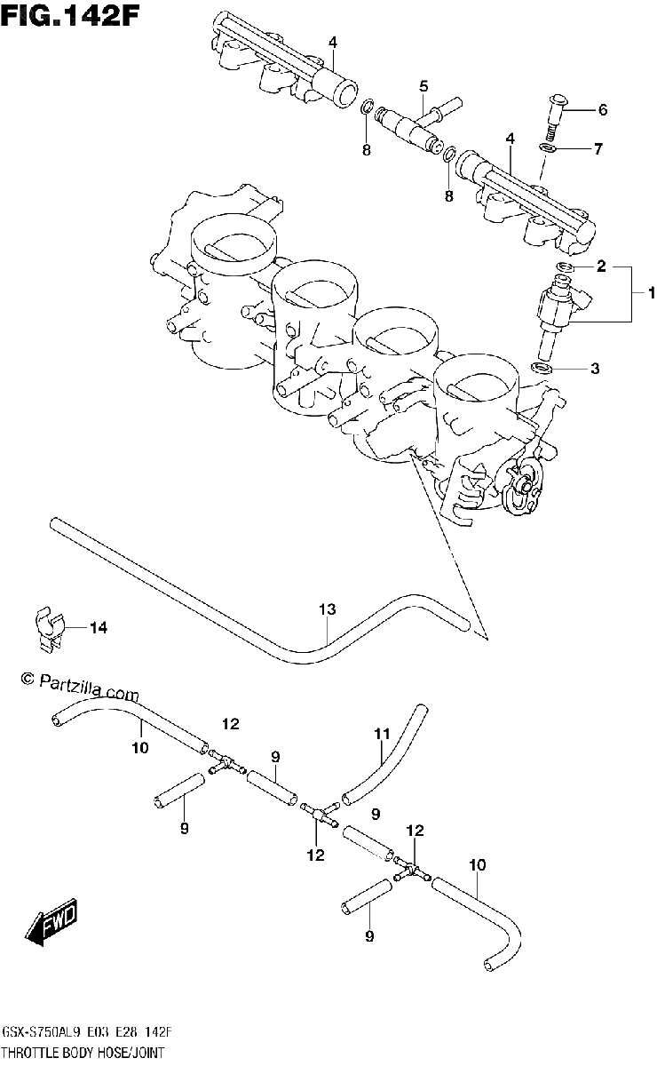 Diagrama de 142F THROTTLE BODY HOSE JOINT GSX S750ZAL9 E28