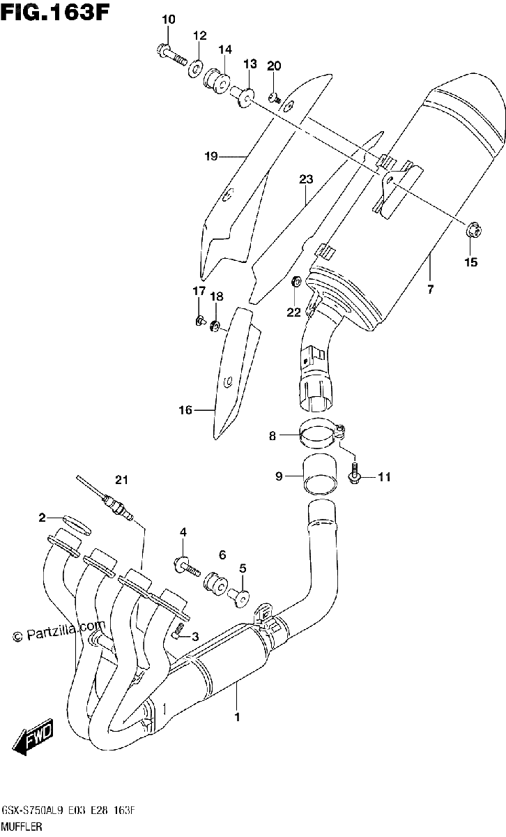 Diagrama de 163F MUFFLER GSX S750ZAL9 E28