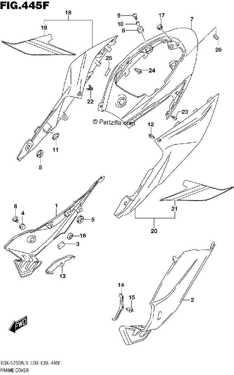 Diagrama de 445F FRAME COVER GSX S750ZAL9 E28