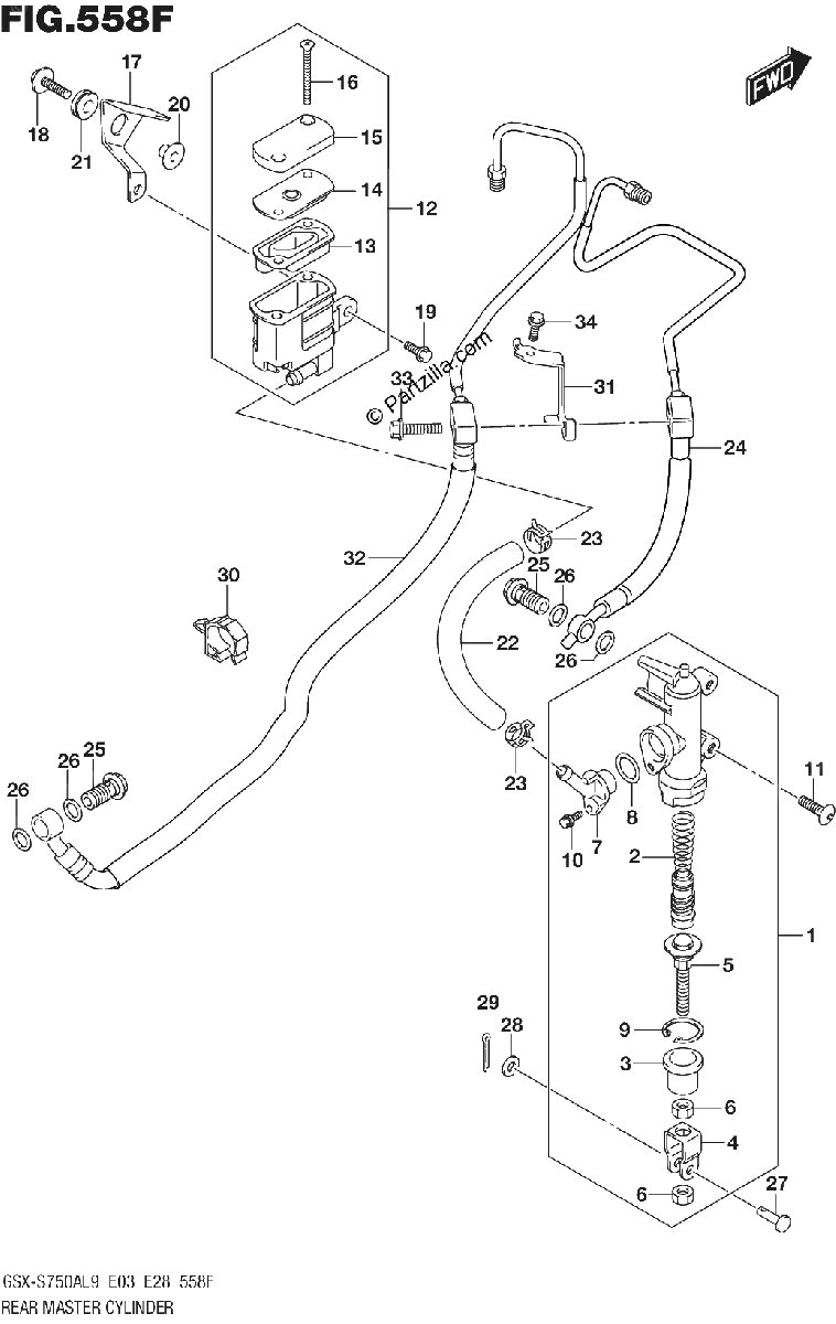 Diagrama de 558F REAR MASTER CYLINDER GSX S750ZAL9 E28