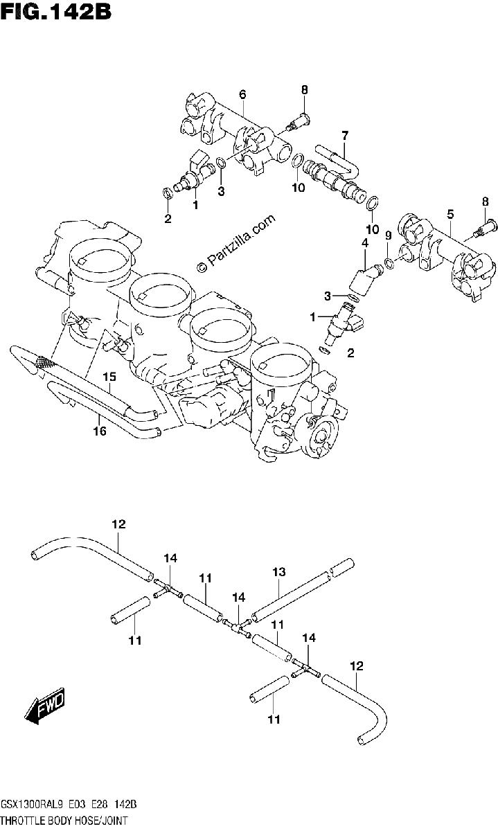 Diagrama de 142B THROTTLE BODY HOSE JOINT GSX1300RAL9 E28