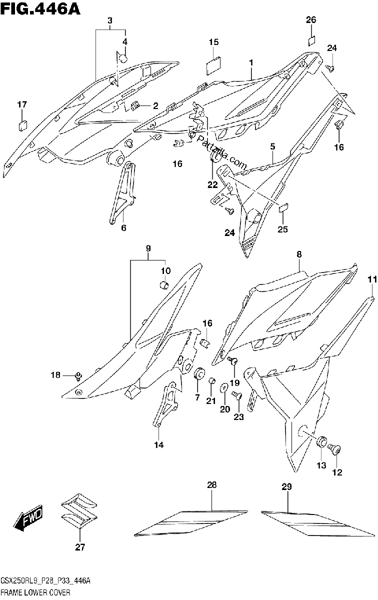 Diagrama de 446A FRAME LOWER COVER GSX250RL9 P28