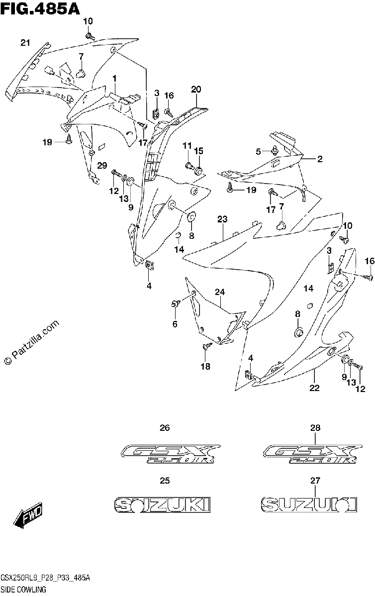 Diagrama de 485A SIDE COWLING GSX250RL9 P28 FOR YAY QHW