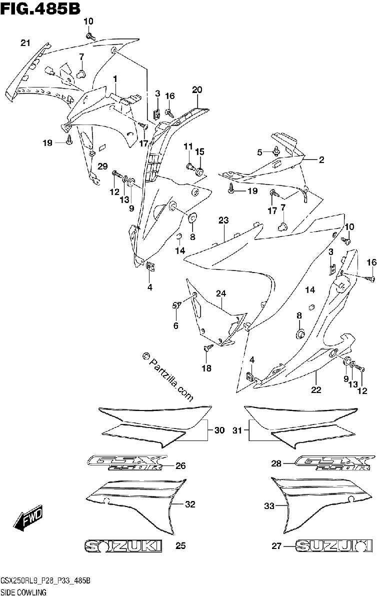 Diagrama de 485B SIDE COWLING GSX250RL9 P28 FOR 4CX AY4 BEE