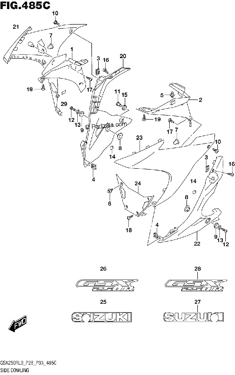 Diagrama de 485C SIDE COWLING GSX250RL9 P33 FOR YAY QHW