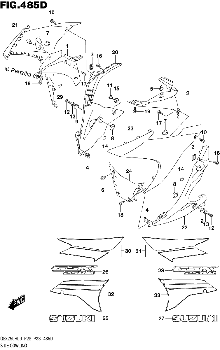 Diagrama de 485D SIDE COWLING GSX250RL9 P33 FOR 4CX AY4 BEE