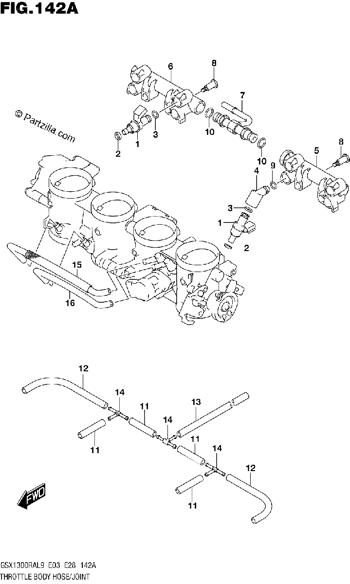 Diagrama de 142A THROTTLE BODY HOSE JOINT GSX1300RAL9 E03