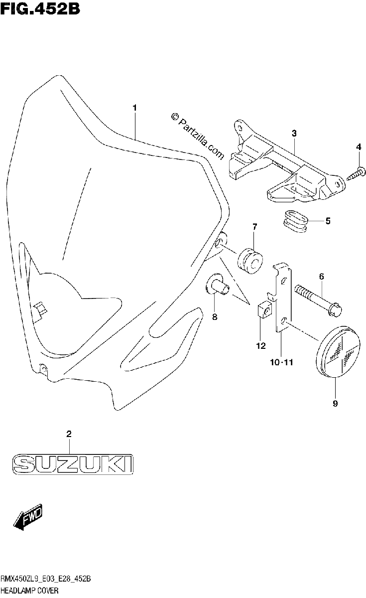 Diagrama de 452B HEADLAMP COVER RMX450ZL9 E28