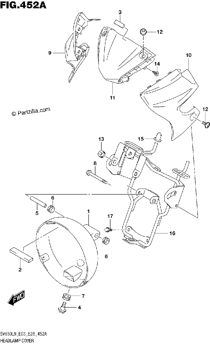 Diagrama de 452A HEADLAMP COVER SV650L9 E03