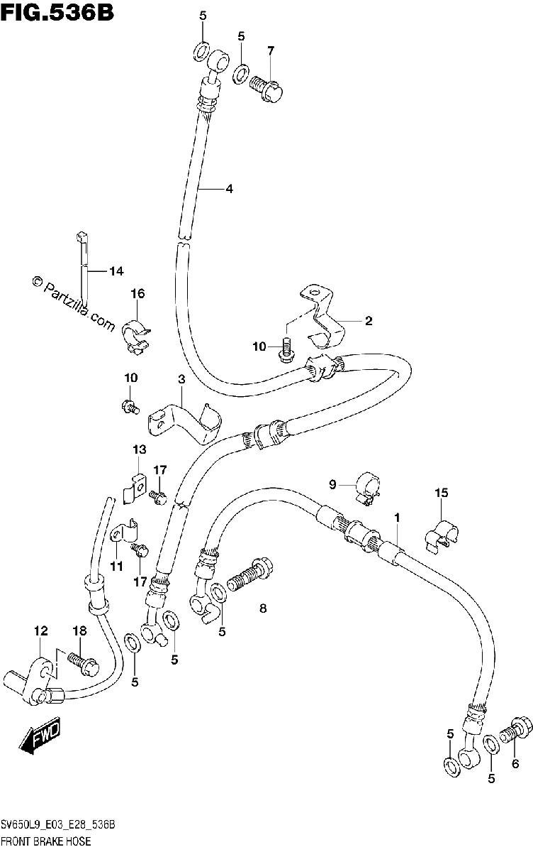 Diagrama de 536B FRONT BRAKE HOSE SV650L9 E33
