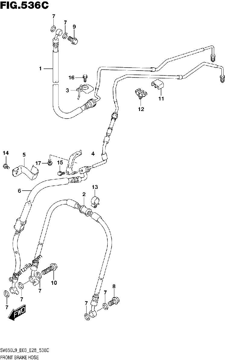 Diagrama de 536C FRONT BRAKE HOSE SV650AL9 E28
