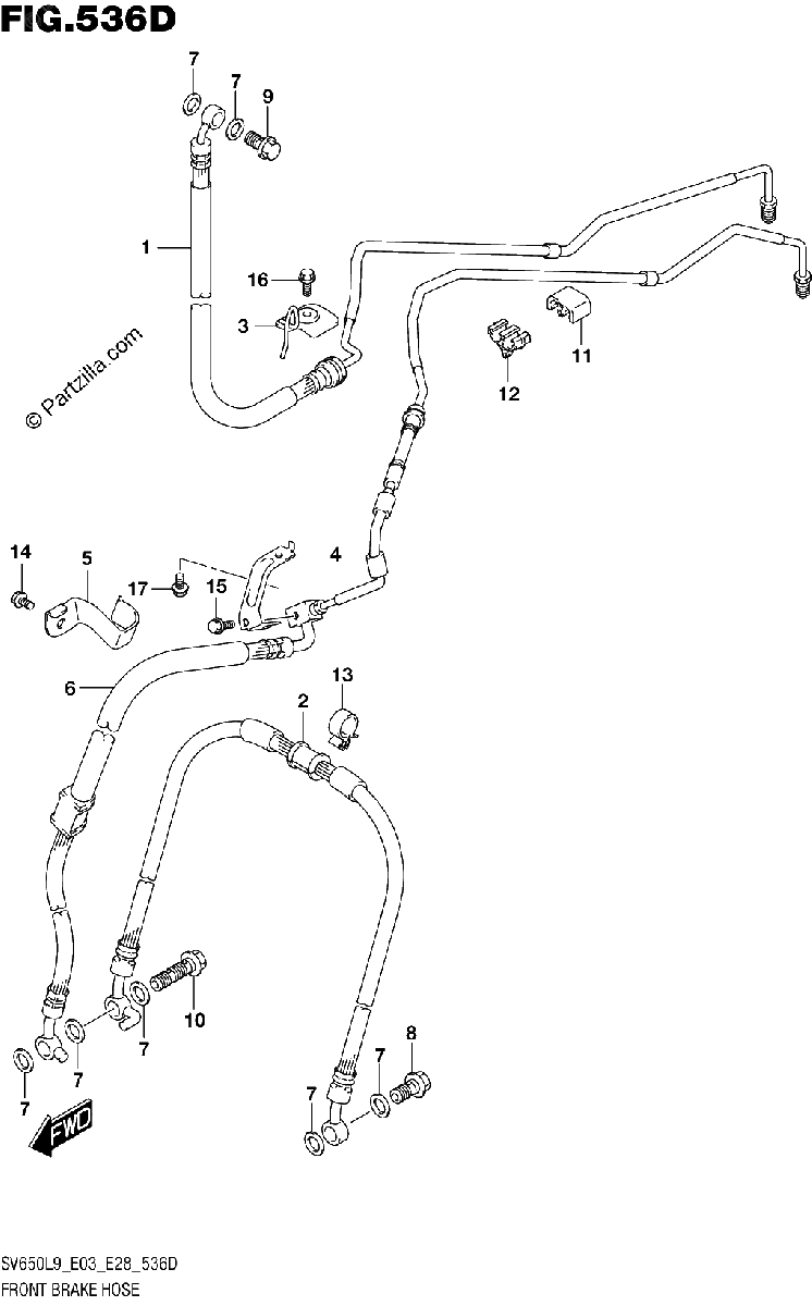 Diagrama de 536D FRONT BRAKE HOSE SV650AL9 E33