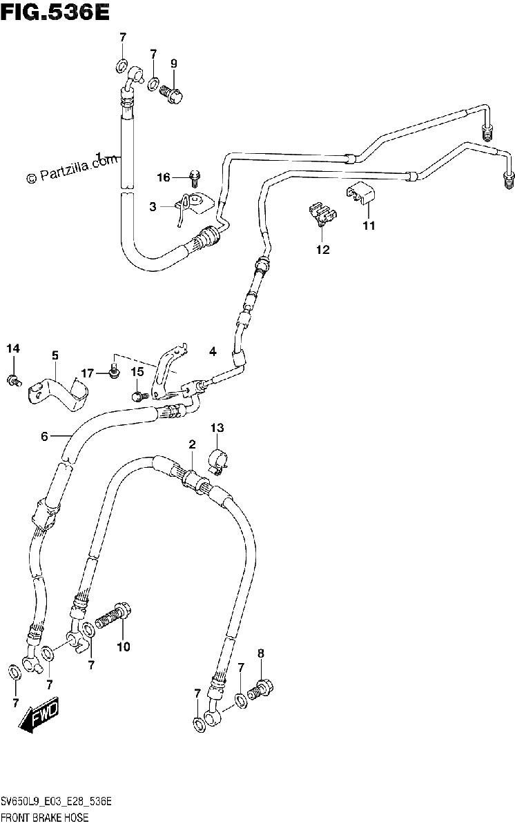 Diagrama de 536E FRONT BRAKE HOSE SV650XAL9 E28