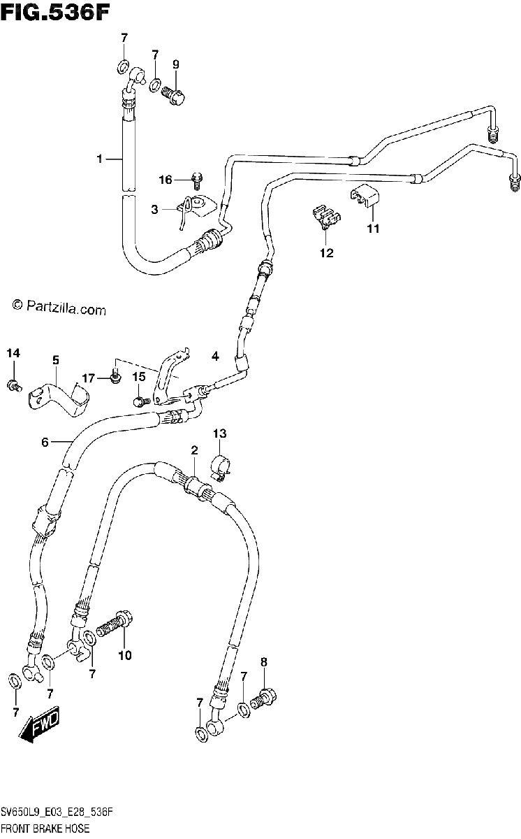 Diagrama de 536F FRONT BRAKE HOSE SV650XAL9 E33