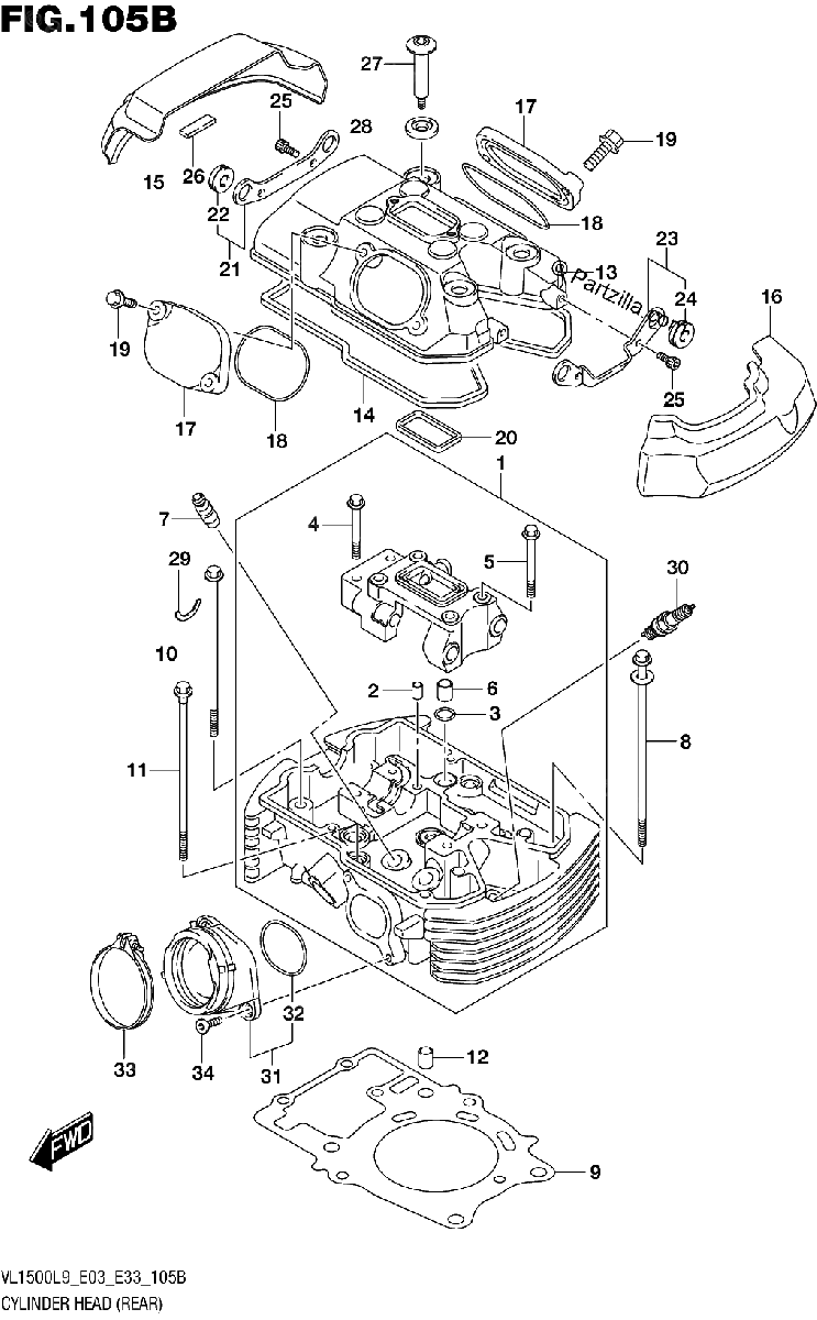 Diagrama de 105B CYLINDER HEAD REAR VL1500BL9 E33