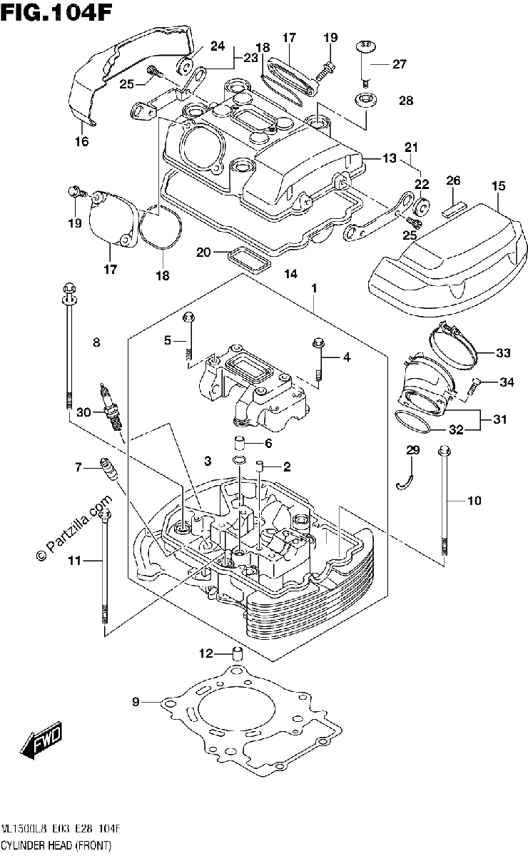 Diagrama de 104F CYLINDER HEAD FRONT VL1500TL8 E28