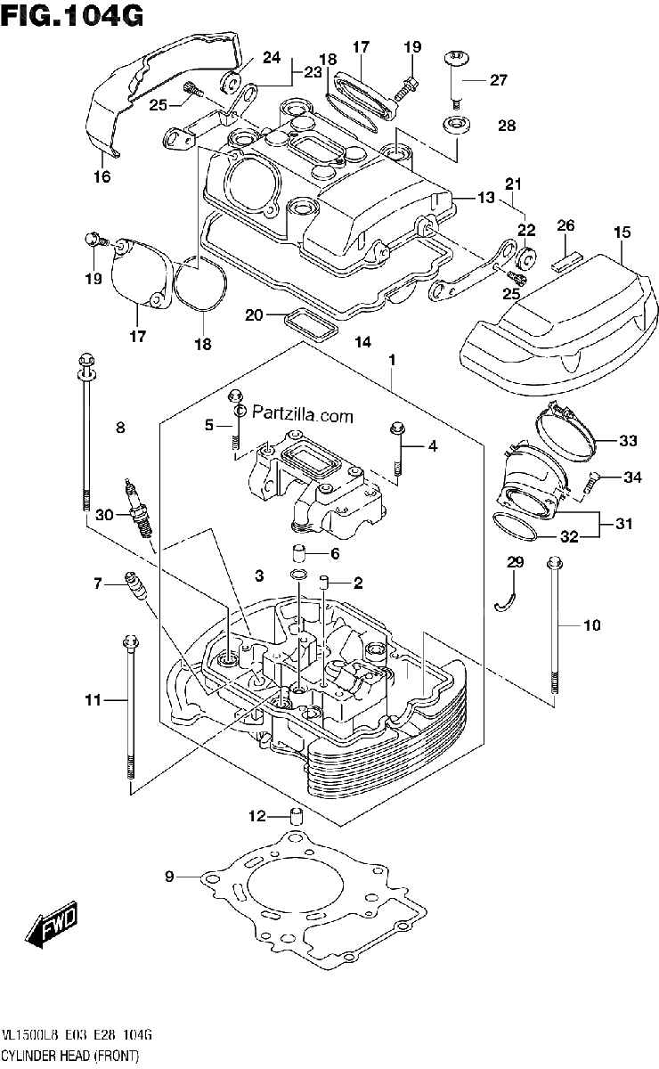 Diagrama de 104G CYLINDER HEAD FRONT VL1500TL8 E33