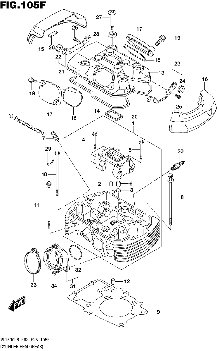 Diagrama de 105F CYLINDER HEAD REAR VL1500TL8 E28