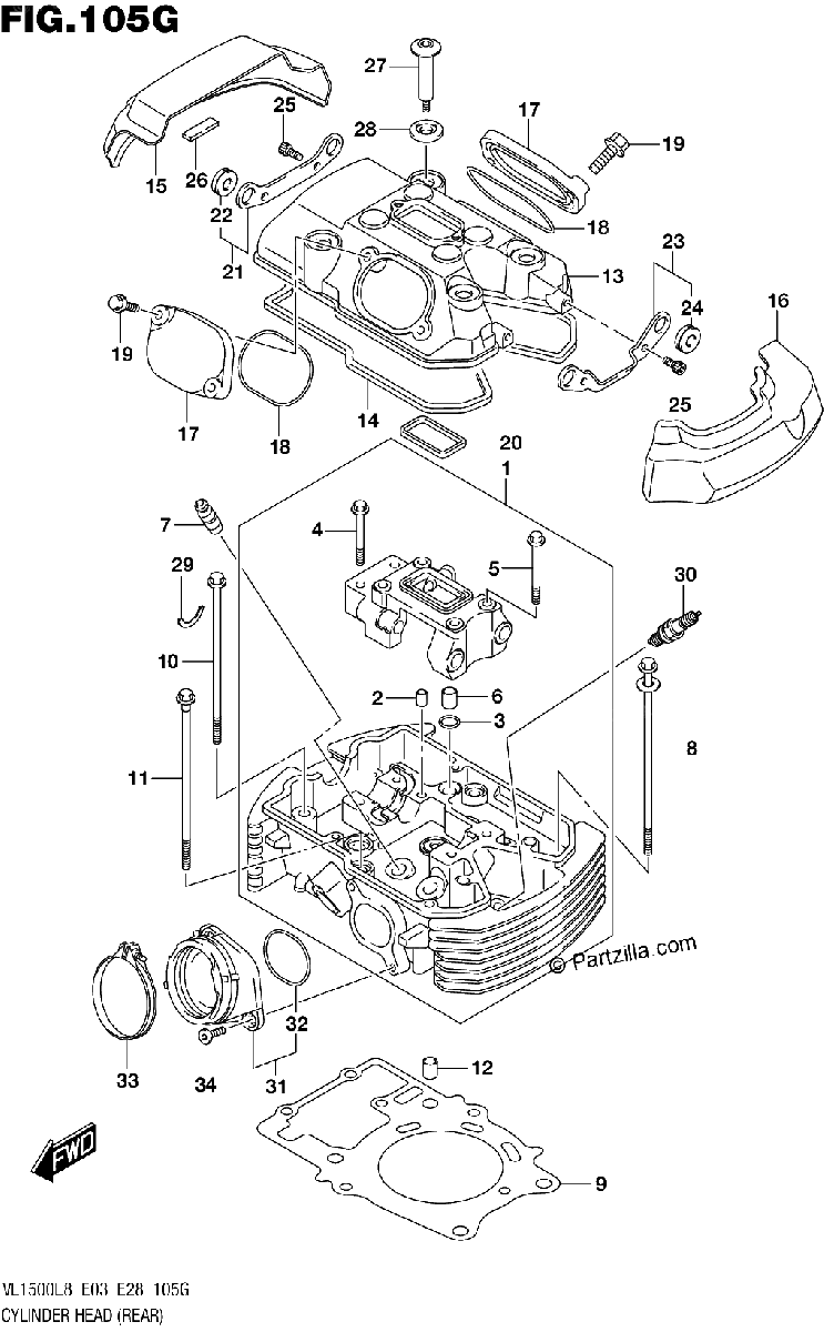 Diagrama de 105G CYLINDER HEAD REAR VL1500TL8 E33