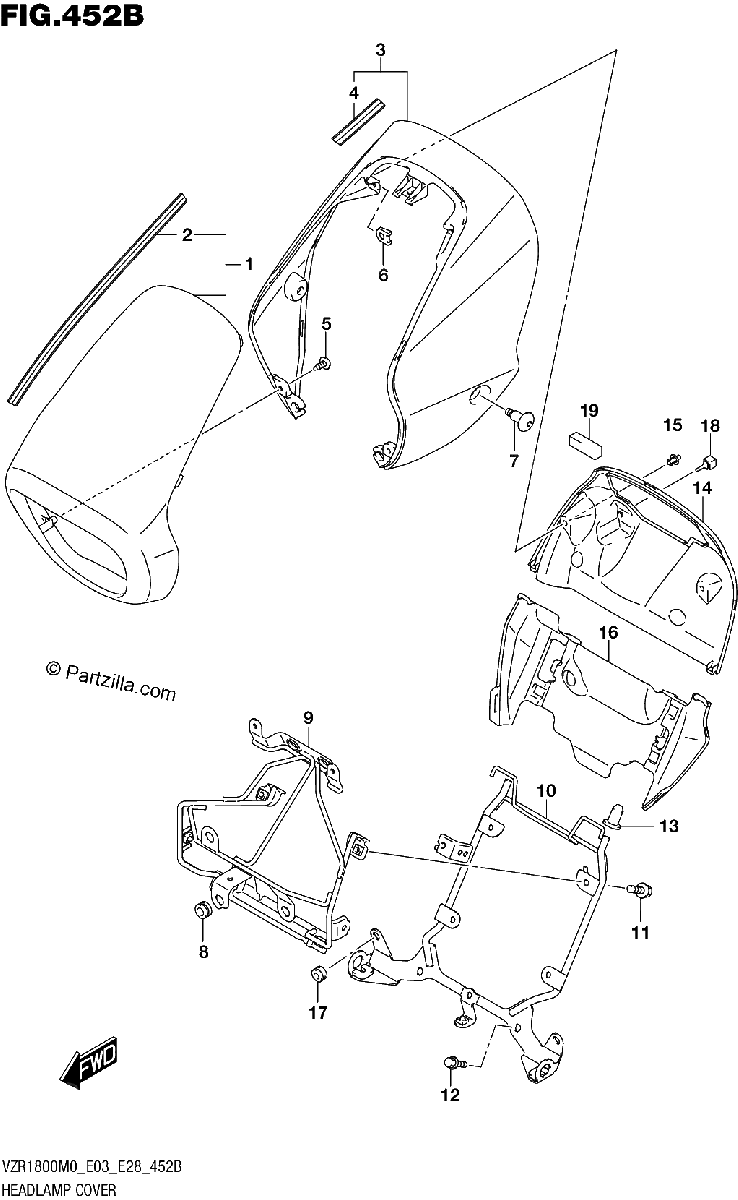 Diagrama de 452B HEADLAMP COVER VZR1800BZ SEE NOTE 1