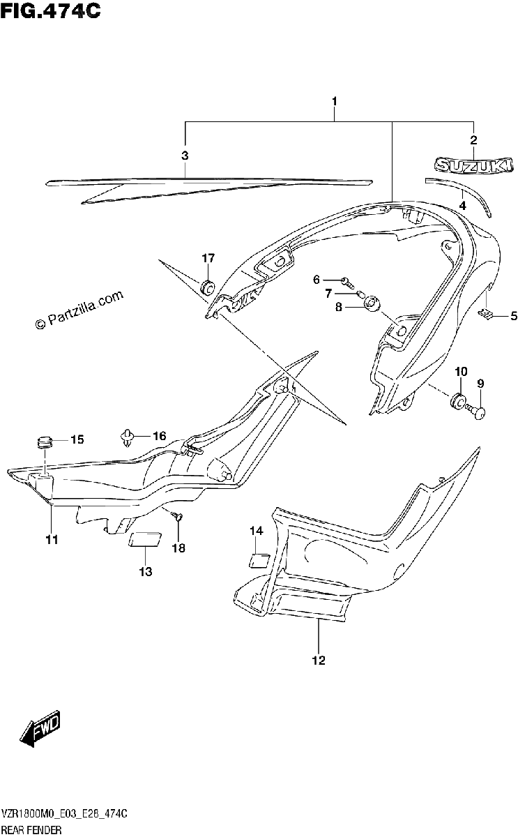 Diagrama de REAR FENDER VZR1800BZ SEE NOTE 1