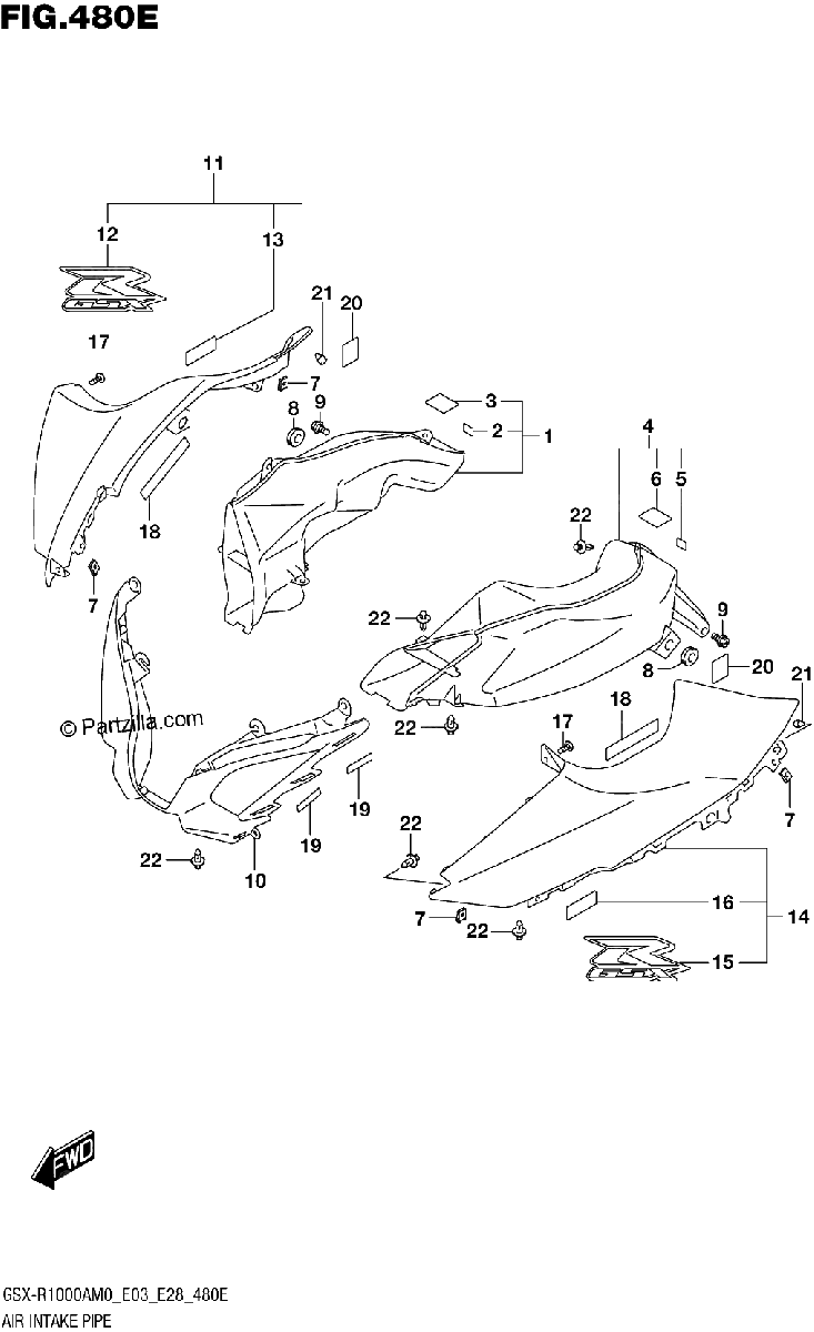 Diagrama de 480E AIR INTAKE PIPE GSX R1000RA SEE NOTE 1