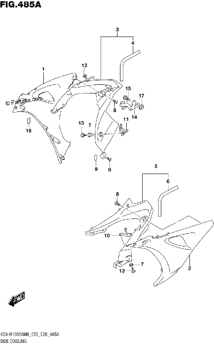 Diagrama de 485A SIDE COWLING GSX R1000A