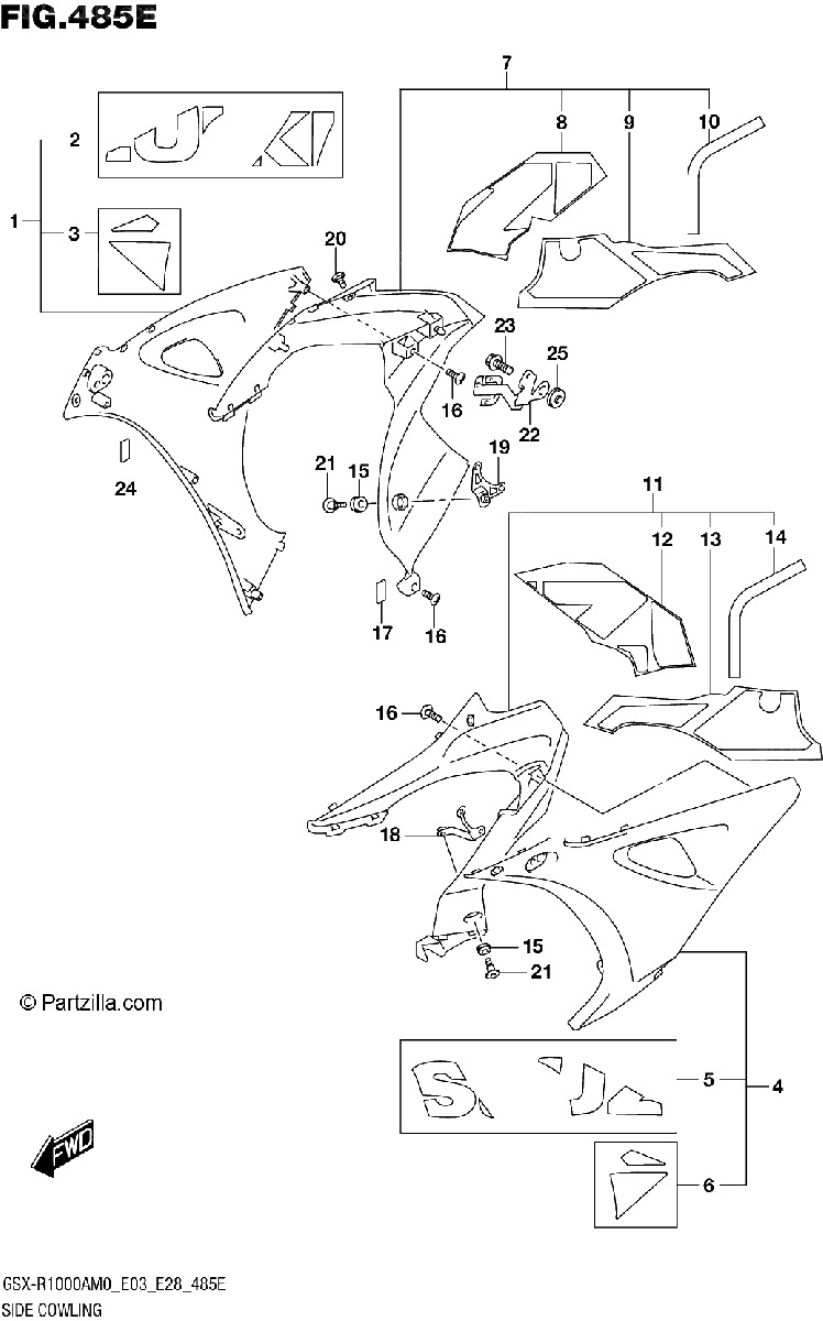 Diagrama de SIDE COWLING GSX R1000RA SEE NOTE 1A