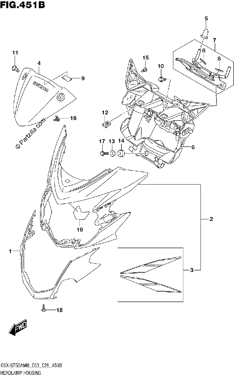 Diagrama de HEADLAMP HOUSING GSX S750Z GSX S750ZA GSX S750AZ