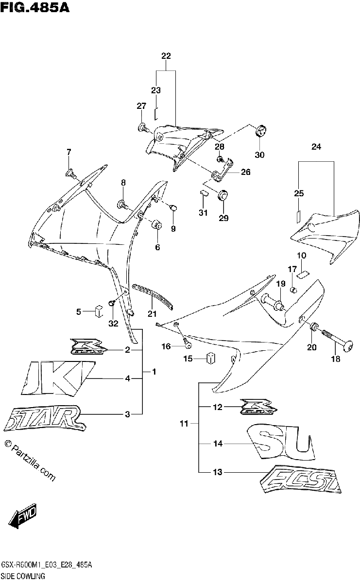 Diagrama de SIDE COWLING GSX R600Z