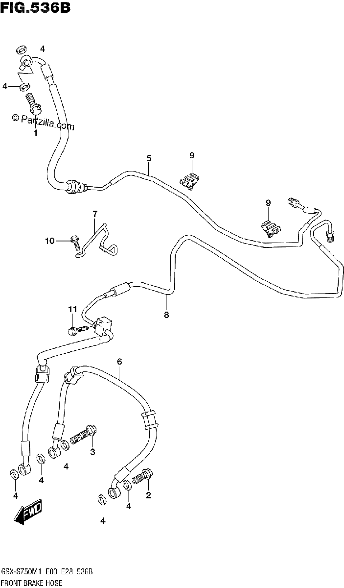 Diagrama de 536B FRONT BRAKE HOSE GSX S750A GSX S750ZA