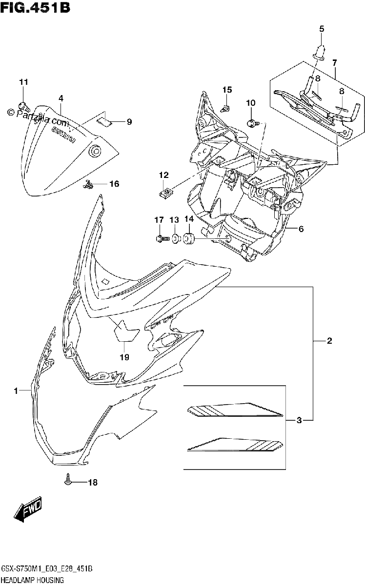 Diagrama de HEADLAMP HOUSING GSX S750Z GSX S750ZA