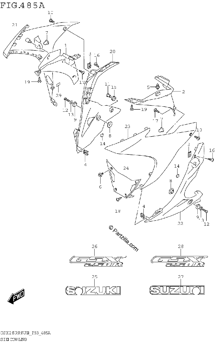 Diagrama de SIDE COWLING GSX250RRFJ M2 P33