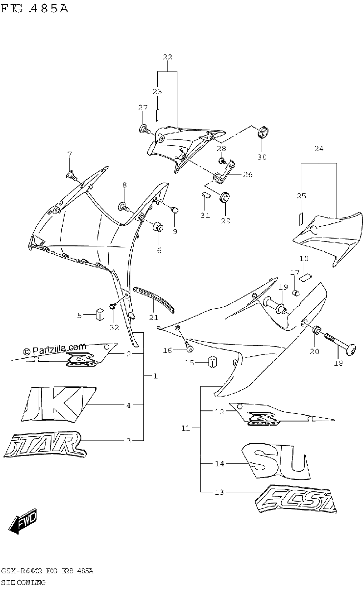 Diagrama de SIDE COWLING GSX R600Z
