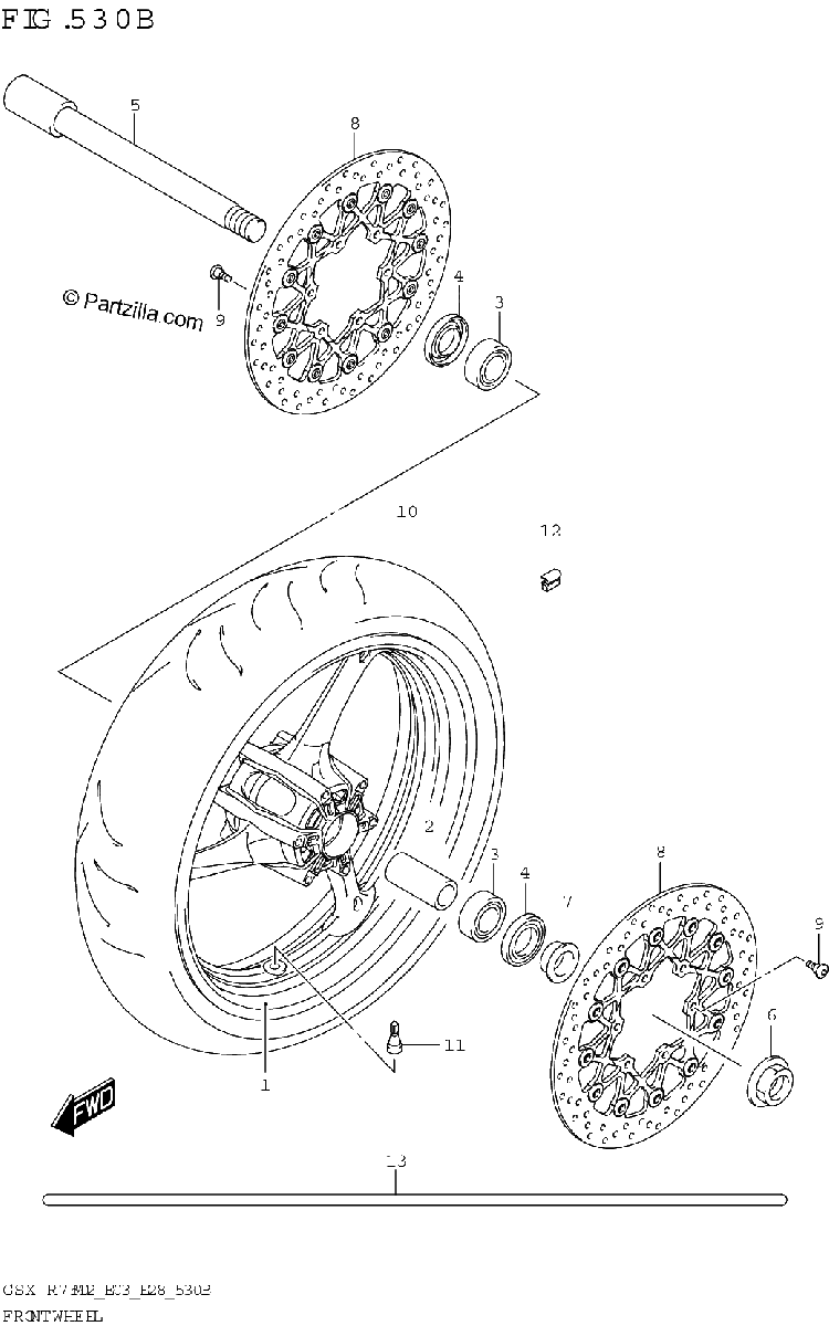 Diagrama de FRONT WHEEL GSX R750 E03 E28 E33